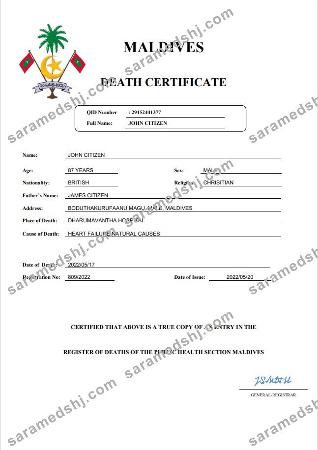 Maldives vital record death certificate Word and PDF template